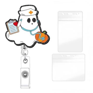 Imagem de YIHONGYAN Carretel de crachá de Halloween, porta-crachá, retrátil, clipes de crachá, clipes giratórios, carretéis de crachá Ghost Boo usando estetoscópio, design para mulheres, enfermeira, médica