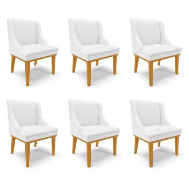 Imagem de Kit 6 Cadeiras Decorativas Sala De Jantar Base Fixa De Madeira Firenze Pu Branco Fosco/castanho G19 - Gran Belo
