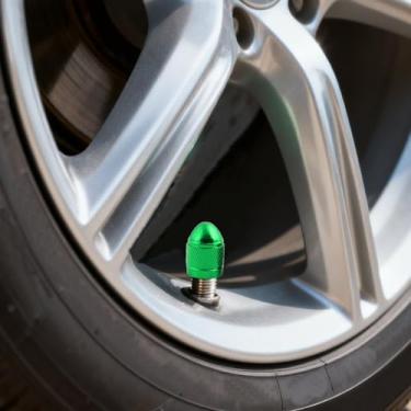 Imagem de 5 peças de tampas de válvula de pneu estilo bala de alumínio verde, tampas de haste de válvula Schrader universais para carros, caminhões, SUVs, motocicletas e bicicletas – à prova de poeira, à prova