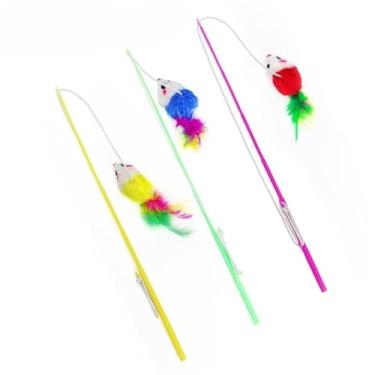 Imagem de Varinha para Gatos Interativa - Brinquedo com Rato, Penas e Sino | Estímulo Triplo para Seu Felino(Cor Aleatorio,2 Pcs)
