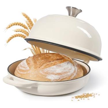 Imagem de Fijinhom Forno holandês de 4,5 litros para assar pão, forno de ferro fundido para fermento, forno holandês esmaltado com tampa, panela de pão antiaderente resistente, bege