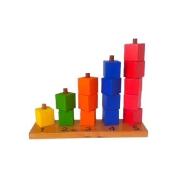 Imagem de Brinquedo Educativo Montessori de Madeira, Torre de Cubos Coloridos, 5 Níveis, para Aprendizagem Matemática e Desenvolvimento Infantil