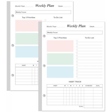 Imagem de (Pacote com 2) Recargas de agenda semanal de tamanho meia carta para mini fichários de 3 anéis - 53 folhas/106 páginas, agenda semanal colorida sem data, papel branco de 100 g/m², dura 2 anos, sem