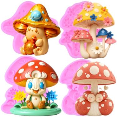 Imagem de MIYAHOUSE Moldes de silicone para fondant de cogumelo para decoração de bolos, topo de cupcake, pasta de goma de chocolate, argila de polímero, conjunto de 4