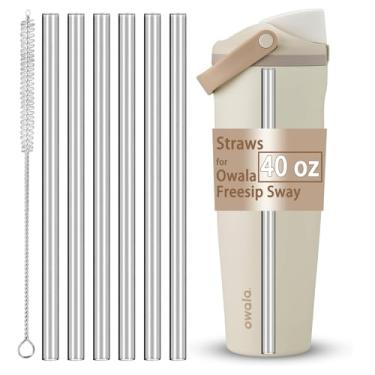 Imagem de Pacote com 6 canudos para garrafa de água Owala FreeSip Sway de aço inoxidável isolada 1,134 g, canudo de substituição para acessórios Owala FreeSip Sway 1,134 g, reutilizável, Tritan, lavável na