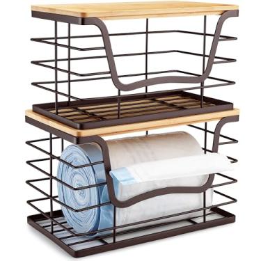 Imagem de XCPPLV Porta-sacos de lixo para cozinha, pacote com 2, organizador de saco de lixo com acabamento marrom, suporte de parede, caixa empilhável com tampa de bambu para bancada, embaixo da pia