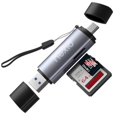 Imagem de NEXIO Leitor de cartão SD USB 3.0, dois compartimentos, 5 Gbps, compatível com Apple e Windows, suporta microSDXC, microSD, SDXC, SDHC, cartão SD, capacidade de 64 GB