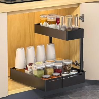 Imagem de LAKNUY Organizador sob a pia, organizador de armário de 2 níveis, gaveta de armário com altura ajustável, prateleiras de armazenamento deslizantes multiuso para casa, cozinha, banheiro (branco) (preta