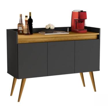Imagem de Aparador Buffet Retrô com Pés de Madeira Maciça 3 ou 4 Portas Prateleira Organizadora para Sala e Entrada(Luxo 3 Preto Com Madeirado)