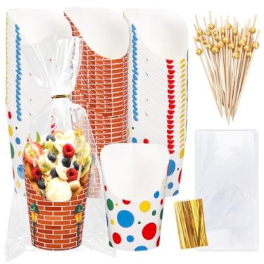 Imagem de FYSUIMU 50 peças de copos de charcutaria de desenho animado de rua amigo com sacos de palitos laços torcidos copos descartáveis para aperitivo de tijolo vermelho Wall Street suporte de batatas fritas