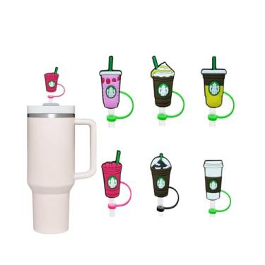 Imagem de 6 peças de capas e suportes de palha, pontas de palha reutilizáveis de silicone, design bonito em forma de bebida, compatível com canudos de 0,3 polegadas, para casa, escritório, uso externo e diário