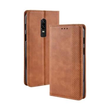 Imagem de Capa para OnePlus 6,Retro Flip magnético,Caso de telefone de couro PU,Design de carteira com 3 slots de cartão e 1 clipe de dinheiro -Brown