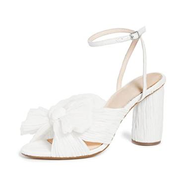 Imagem de MICIFA Sandálias femininas de salto com nó de laço, bico aberto, tira no tornozelo, salto grosso, sapatos de casamento para noivas, Branco, 38