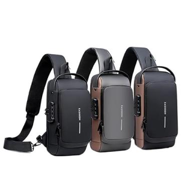 Imagem de Bolsa de Peito Masculina à Prova d’Água com Cadeado Senha USB Antifurto Ombro Único Estilosa(Preto)