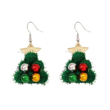 Imagem de Brincos com pingente de árvore de pompom verde para mulheres, moderno, fofo, vermelho, prateado, dourado, miçanga, pingente, anzol, leve, para decoração de festivais de Natal, joias