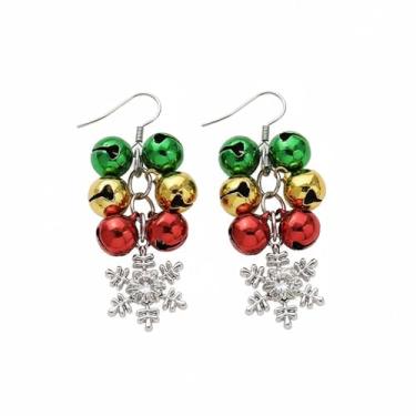 Imagem de Brincos de argola com pingente de sino colorido de floco de neve de Natal para mulheres CZ flor de cristal sininho sininho de Natal festivo ornamento fofo pendurado brincos de argola de aperto moda