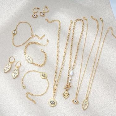 Imagem de Conjunto de joias aleatórias com olho turco e cruz para mulheres - Colares, brincos, pulseiras, coleção de acessórios simbólicos Boho, One size, Acrílico, Zircônia cúbica