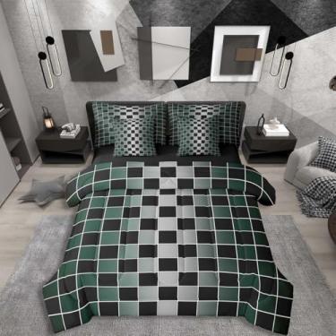 Imagem de Erosebridal Jogo de cama de solteiro xadrez preto com 7 peças, verde escuro, cinza, ombré, em uma bolsa, buffalo, xadrez, para crianças e adultos, conjunto de cama de guingão