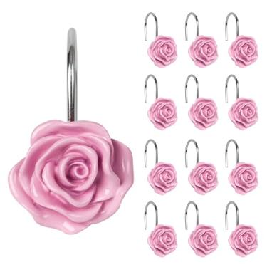 Imagem de Sunlit Ganchos de cortina de chuveiro rosa, anéis decorativos de cortina de chuveiro de flores para banheiro, resina, ganchos de cortina de chuveiro floral rosa para sala de estar, conjunto de 12