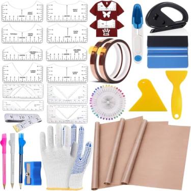 Imagem de QUKLOGEN Kits De Ferramentas Para Camisas Sublimação, 76 Peças, Conjunto Réguas E Medidas Camisas, Reutilizável, Gola Redonda Decote Em V, Guia Alinhamento Camisetas, Folha Teflon Prensa Térmica, Fi