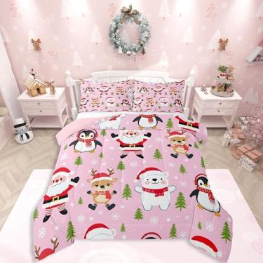 Imagem de Feelyou Conjunto de cama de Natal rosa, macio, para meninos e meninas, Papai Noel, tamanho casal, pinguim, cervo, edredom de microfibra, floco de neve, árvore de Natal, decoração de quarto, 3 peças