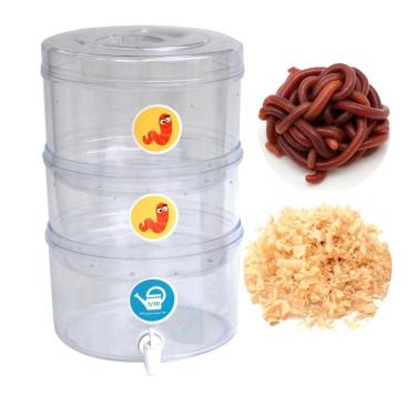 Imagem de Composteira Ecopedagógica Transparente, 12L, 3 Compartimentos com Minhocas e Serragem, Sistema Educativo de Compostagem, 26,5x37cm