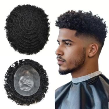Imagem de Unidades de cabelo humano para homens negros Afro Toupee Sistema de substituição de cabelo cacheado Peruca de cabelo totalmente poli Unidades de cachos afro-americanos 1B # Natural Black-12MM Wave