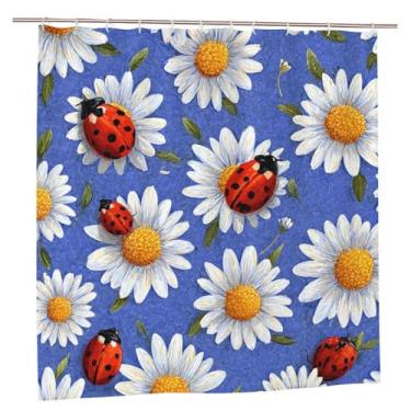Imagem de AZGNHM Cortina de chuveiro Daisy Ladybug, poliéster impermeável, 182 x 182 cm, design floral azul com ganchos de plástico