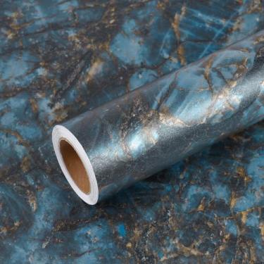 Imagem de VEELIKE Papel de contato de bancada de mármore azul dourado à prova d'água para bancada, papel de parede de mármore para mesa de bancada, 40 x 900 cm, capas autoadesivas de vinil para cozinha e