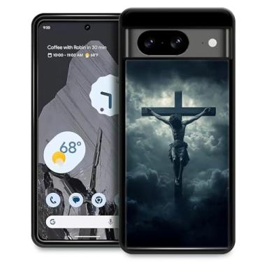 Imagem de CARLOCA Capa compatível com o Google Pixel 8 para meninas à prova de choque antiarranhões capa traseira de PC rígida estética padrão céu escuro nuvens cruz grande Jesus