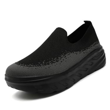Imagem de VXGGVX Tênis feminino plataforma grossa tênis corrida caminhada malha leve respirável academia conforto trabalho esportes escondido sapatos elevador, Carvão preto, 10 Wide