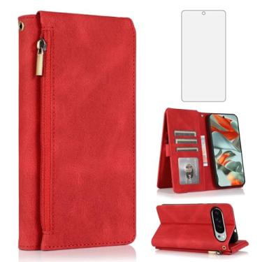 Imagem de Asuwish Compatível com Google Pixel 9 Pro XL/10 Pro XL, capa tipo carteira protetora de tela, zíper, retrô, de couro, suporte para cartão, acessórios para Pixel9 9Pro Nine Pixel10 10Pro LX Vermelho