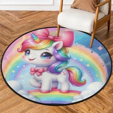 Imagem de Tapete redondo de 1,8 m com unicórnios coloridos brilhantes, tapetes de área de círculo macio, antiderrapante, lavável, tapete circular para quarto, berçário, sala de estar, cozinha, banheiro, entrada