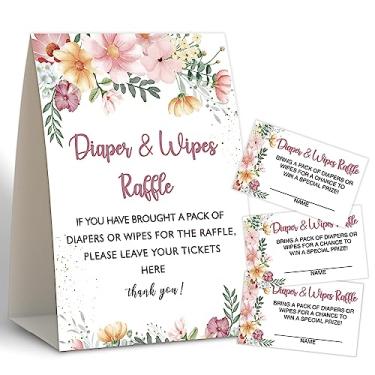 Imagem de Jogo de chá de bebê floral Boho, sorteio de fraldas, sorteio de fraldas para chá de bebê, centros de mesa de chá de bebê, decorações de festa de fraldas, 1 placa e 50 cartões de sorteio de fraldas -13
