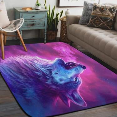 Imagem de Tapete de área para sala de estar, lavável à máquina, lobo animal, roxo, antiderrapante, tapete macio para sala de estar, quarto, sala de jantar, berçário, cozinha, decoração de casa