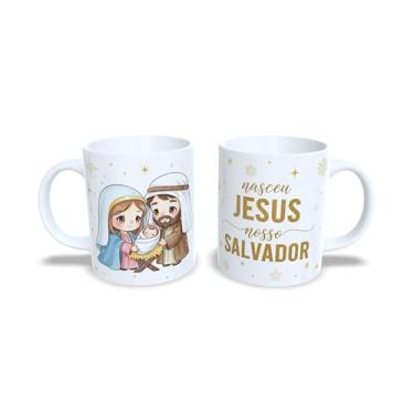 Imagem de Caneca de Cerâmica Branca 325ml, Tema Natal Sagrada Família, com Estrelas Douradas e Presépio (23186)
