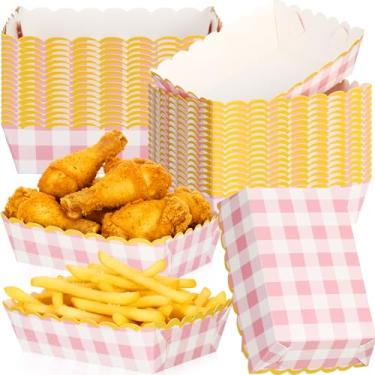 Imagem de Dunzoom Pacote com 50 pratos de papel guingão, bandejas de comida, pratos de bolinhas xadrez rosa, barcos de comida descartáveis para lanches, cachorro-quente, carnaval, nupcial, chá de bebê