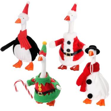 Imagem de Fullhawl 4 conjuntos de mini roupa de ganso de mesa de Natal 17,8 cm estátua de ganso magnético bobo Papai Noel fantasia de elfo de Natal com mini acessórios para cabeça e roupas de feltro para