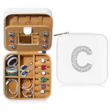 Imagem de Caixa de joias de viagem, caixas de joias com inicial para mulheres, presentes de aniversário para mulheres, presentes de Natal personalizados rosa fofos para ela, estojo de joias de viagem, portátil