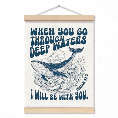 Imagem de ZNGFON Decoração de parede cristã de tubarão-baleia na moda 30,5 x 40,6 cm, When You Go Through Deep Waters I Will Be With You Isaías 43:2, pôster de arte de parede com moldura de madeira, verso azul