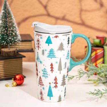 Imagem de DUSVALLY Caneca de cerâmica xícara de café de Natal canecas altas xícara de chá latte com tampa e alça 500 ml, árvore de Natal