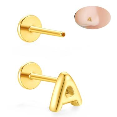Imagem de ORANGELOVE Um piercing de nariz de aço cirúrgico 316L dourado sem fio, brincos minúsculos com letra inicial, brinco de costas planas de 20G, brincos com nome do alfabeto Tragus Helix cartilagem