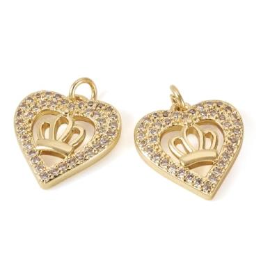 Imagem de Elecrelive 2 peças pingentes de coração banhado a ouro 18K pingentes de zircônia cúbica pingentes de cristal coroa pingentes para colar, pulseira, brincos para fabricação de joias