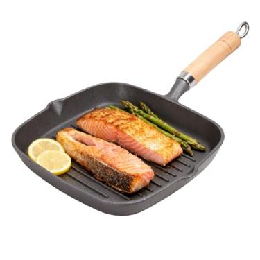 Imagem de Frigideira quadrada de ferro fundido com bicos e cabo de madeira, grelha interna perfeita para bifes, hambúrgueres, vegetais – Funciona em fogões a gás e indução, superfície naturalmente antiaderente