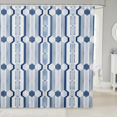 Imagem de jejeloiu Cortinas de banheiro geométricas listradas azuis para crianças, mulheres, homens, acessórios de banheiro minimalistas, luxuosos, tecido de poliéster impermeável para barracas de banheiras 183