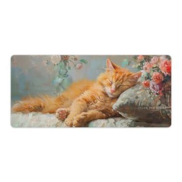 Imagem de FoRes Tapete de rato grande de gato adormecido com flores adormecidas para jogos, base de borracha antiderrapante, tapete de mesa, acessórios para computador portátil, suprimentos para escritório,
