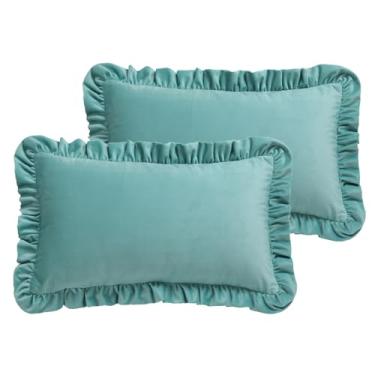 Imagem de bilin gaier Conjunto de 2 capas de almofada retangular verde lago 30,5 x 50,8 cm, capa de almofada francesa de veludo com babados, resistente e durável para sofá, cama, sala de estar ou carro