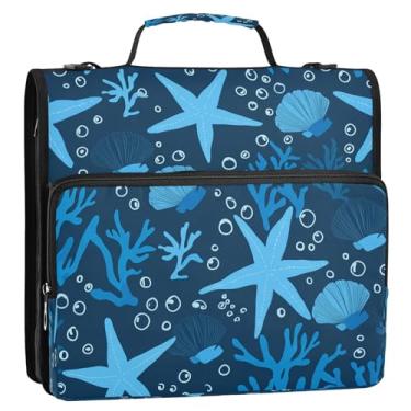 Imagem de Wassud Fichário de estrela do mar azul com 3 anéis com alça de ombro e alça de vários bolsos expansível organizador de pasta de arquivo