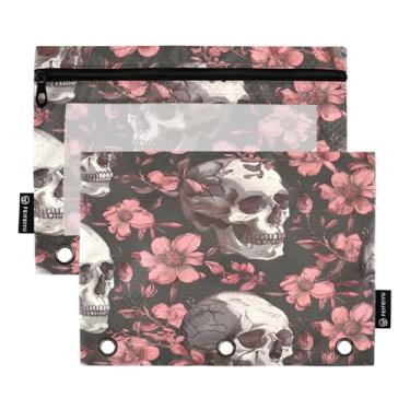 Imagem de Wassud Bolsa de lápis com caveiras e flores para fichário de 3 anéis, bolsa transparente com zíper liso, estojo de lápis padrão, pacote com 2