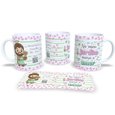 Imagem de Caneca Devocional Jardim da Paz, Branca com Listras Rosa e Verde, Flores, Tema Religioso (22995)